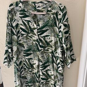 Green and White 3/4 Sleeve Boxy Dress with Mandarin Collar